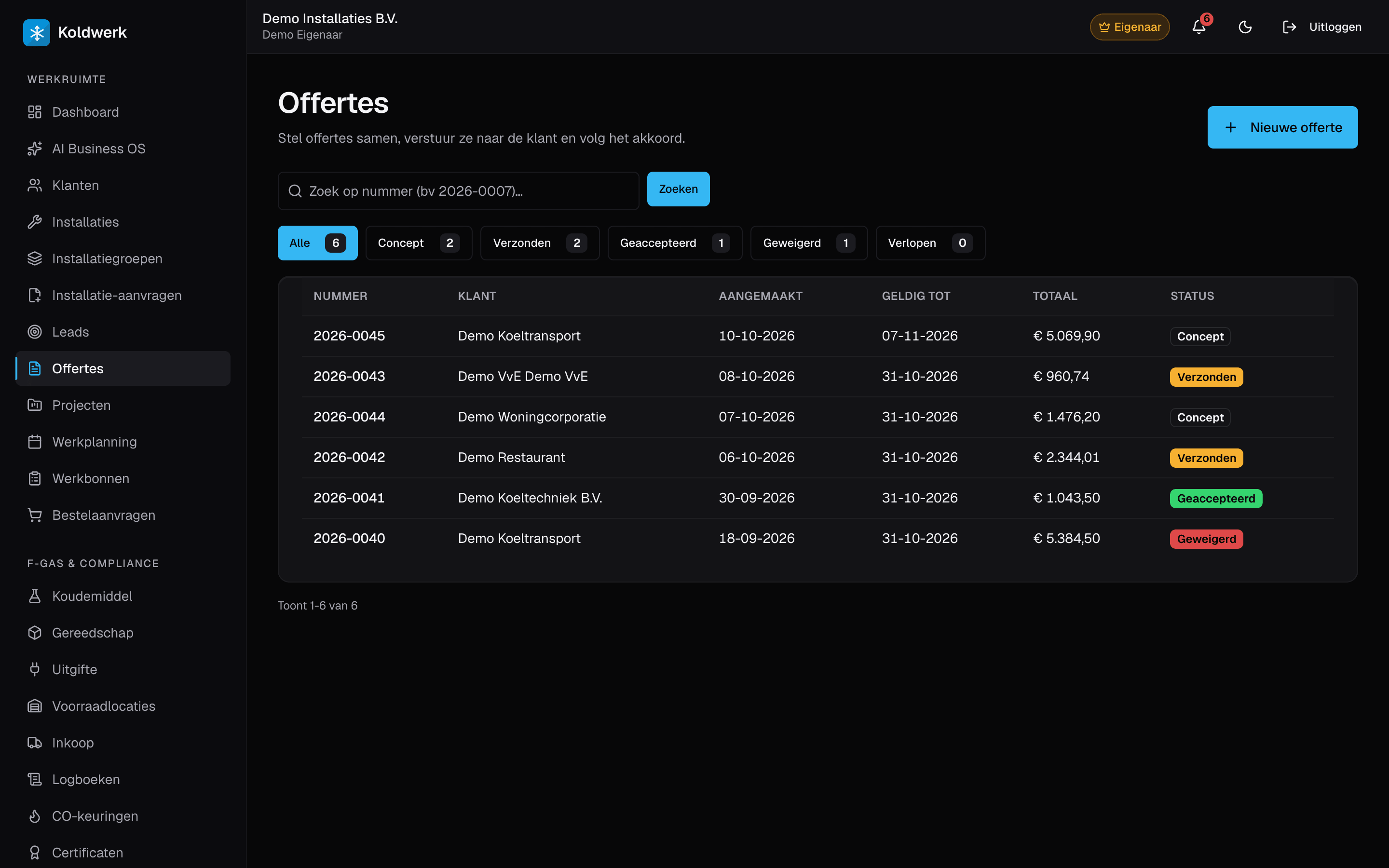 Offertes in Koldwerk met statusfilters en een lijst van zes offertes met klant, geldig-tot-datum, totaalbedrag en status: concept, verzonden, geaccepteerd en geweigerd.