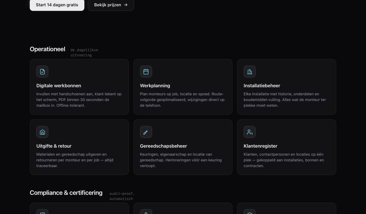 Koldwerk software-modules overzicht: werkbonnen, planning, installatiebeheer, uitgifte, gereedschap, klantenregister.